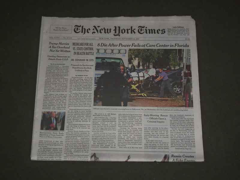 2017 SEPTEMBER 14 NEW YORK TIMES -8 DIE AFTER POWER FAILS AT FLORIDA CARE CENTER