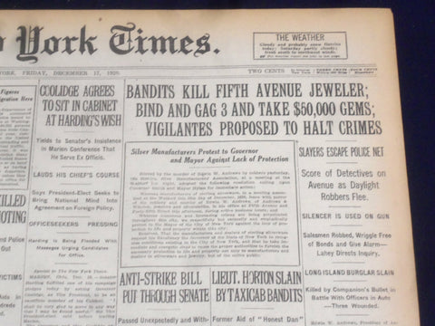 1920 DECEMBER 17 NEW YORK TIMES - BANDITS KILL FIFTH AVENUE JEWELER - NT 8499B