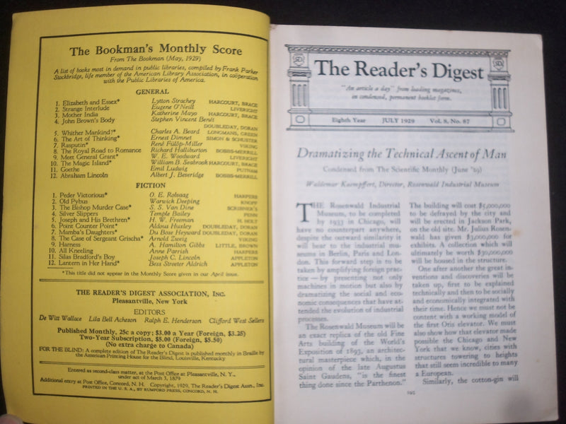 1929 JULY THE READER'S DIGEST SOFTCOVER BOOK - NUMBER 87 - J 9931