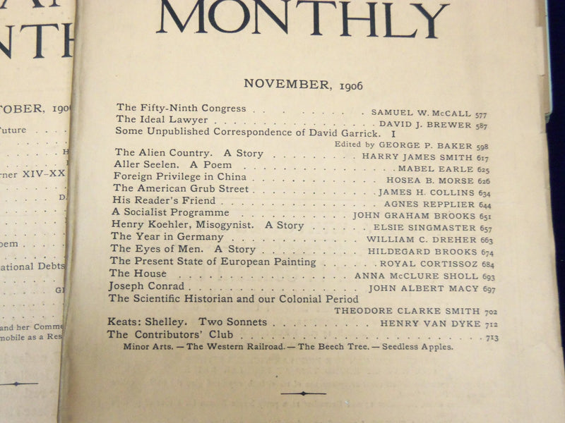 1906 THE ATLANTIC MONTHLY MAGAZINE LOT OF 10 - NICE STORIES & ARTICLES - WR 334