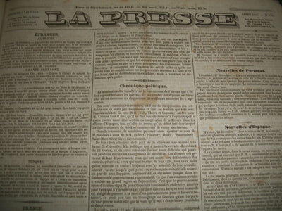 1837 JANUARY-JUNE LA PRESSE FRENCH NEWSPAPER BOUND VOLUME - SCIENCE - KD 1279I