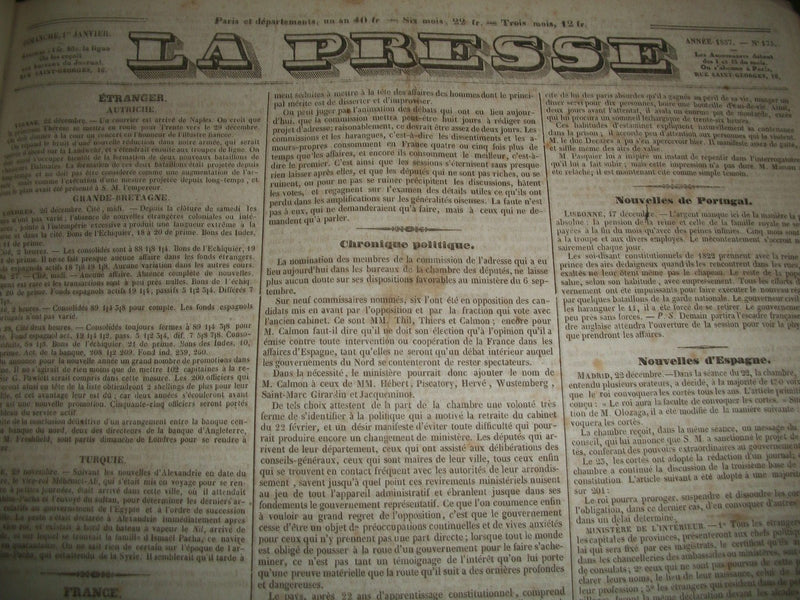 1837 JANUARY-JUNE LA PRESSE FRENCH NEWSPAPER BOUND VOLUME - SCIENCE - KD 1279I