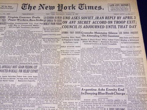 1946 MARCH 30 NEW YORK TIMES - UNO ASKS SOVIET, IRAN REPLY BY APRIL 13 - NT 2257