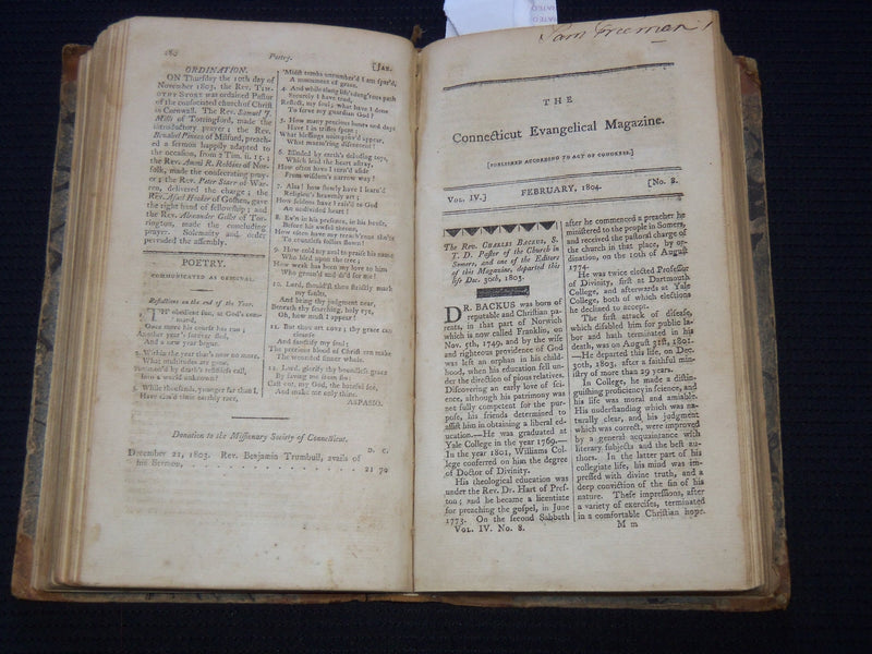 1803-1804 THE CONNECTICUT EVANGELICAL MAGAZINE BOUND VOLUME NO. 4 - KD 7816
