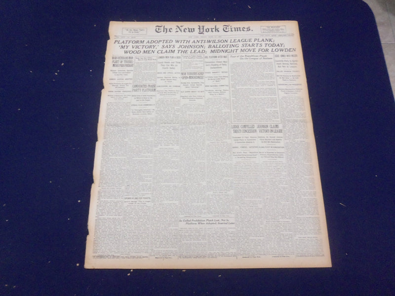1920 JUNE 11 NEW YORK TIMES - ANTI-WILSON LEAGUE PLANK ADOPTED - NT 9111