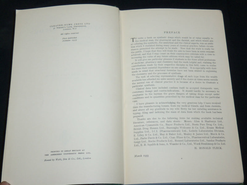 1955 SYNTHETIC DRUGS BOOK BY H. RONALD FLECK - FIRST EDITION - KD 2762G