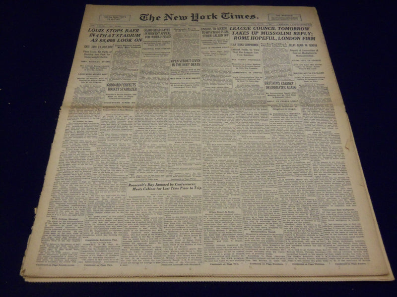 1935 SEPT 25 NEW YORK TIMES - LOUIS STOPS BAER IN 4TH AT STADIUM - NT 1922