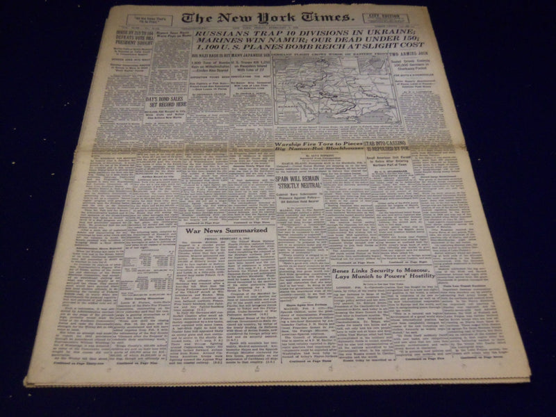 1944 FEBRUARY 4 NEW YORK TIMES - 10 DIVISIONS TRAPPED IN UKRAINE - NT 3349