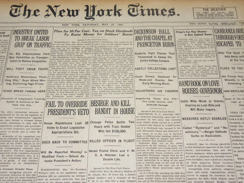 1920 MAY 15 NEW YORK TIMES - DICKINSON HALL AT PRINCETON BURNS - NT 8677