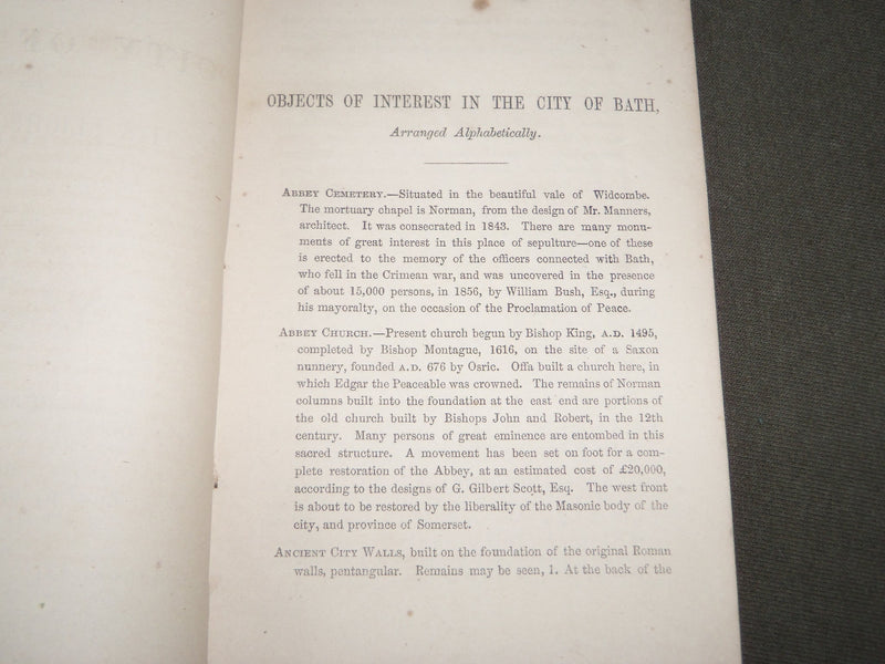 1865 CITY OF BATH OBJECTS OF INTEREST GUIDE BOOK - U. K. - THIRD EDITION- J 3450