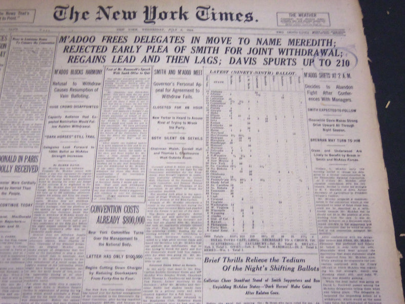 1924 JULY 9 NEW YORK TIMES - M'ADOO FREES DELEGATES MOVE FOR MEREDITH - NT 5076