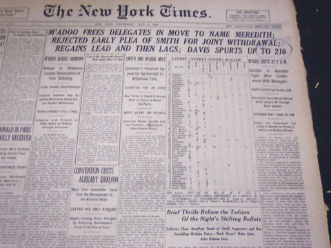 1924 JULY 9 NEW YORK TIMES - M'ADOO FREES DELEGATES MOVE FOR MEREDITH - NT 5076