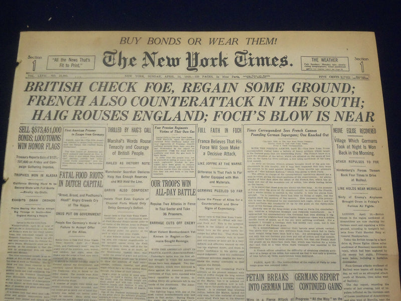 1918 APRIL 14 NEW YORK TIMES -BRITISH CHECK FOE, FRENCH ATTACK THE SOUTH-NT 8211