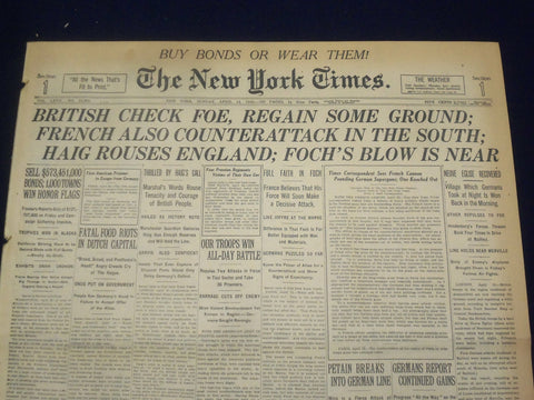 1918 APRIL 14 NEW YORK TIMES -BRITISH CHECK FOE, FRENCH ATTACK THE SOUTH-NT 8211