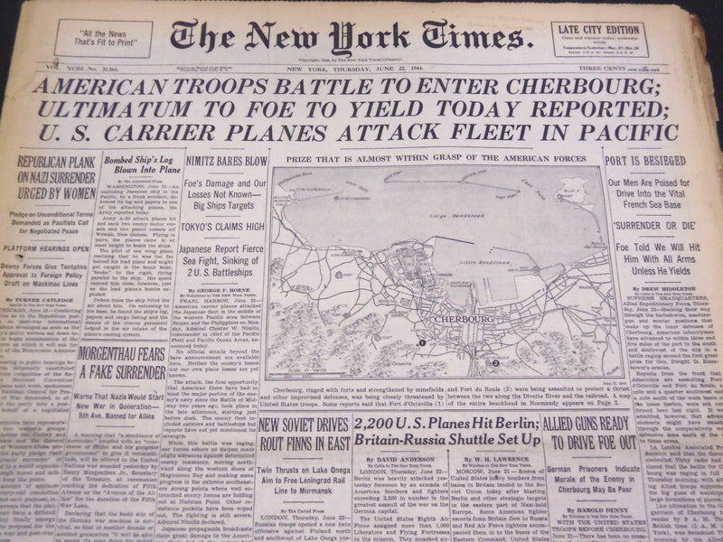 1944 JUNE 22 NEW YORK TIMES - AMERICAN TROOPS TO ENTER CHERBOURG - NT 4332