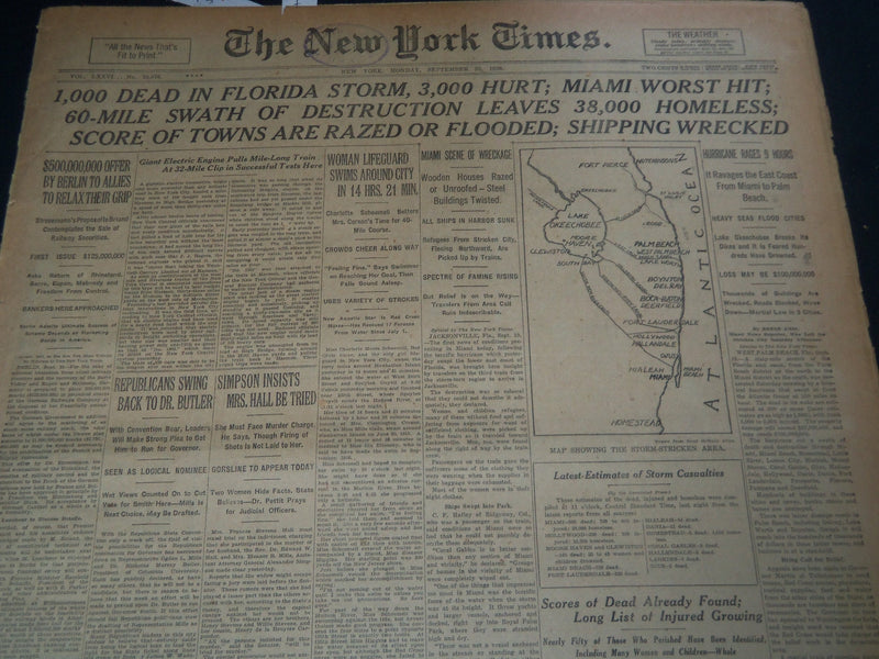 1926 SEPT 20 NEW YORK TKIMES NEWSPAPER - 1000 DEAD IN FLORIDA STORM - NT 7577
