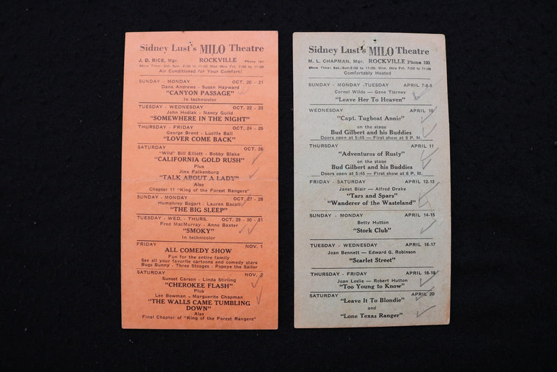 1940'S SIDNEY LUST'S MILO THEATRE PROGRAM CARDS - LOT OF 4 - ROCKVILLE - K 2819