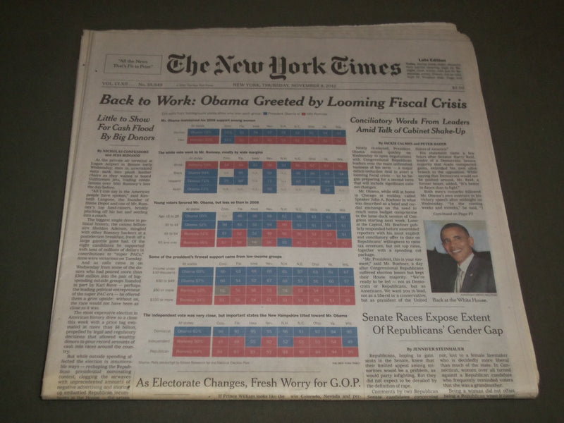 2012 NOVEMBER 8 NEW YORK TIMES NEWSPAPER - OBAMA GREETED BY LOOMING - NP 2723