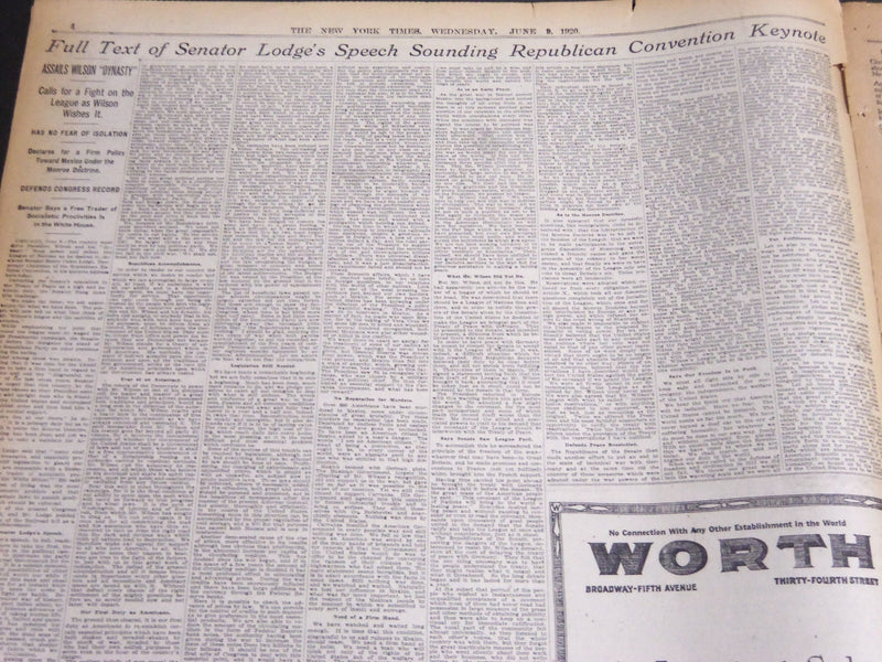 1920 JUNE 9 NEW YORK TIMES - PLATFORM FIGHT STARTS AS CONVENTION OPENS - NT 6947
