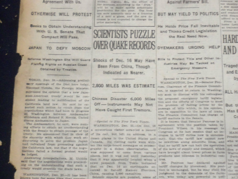 1920 DECEMBER 26 NEW YORK TIMES - SCIENTISTS PUZZLE OVER QUAKE RECORDS - NT 8492