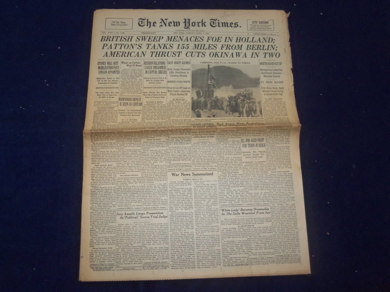 1945 APRIL 3 NEW YORK TIMES - BRITISH SWEEP MENACES FOE IN HOLLAND - NP 6684