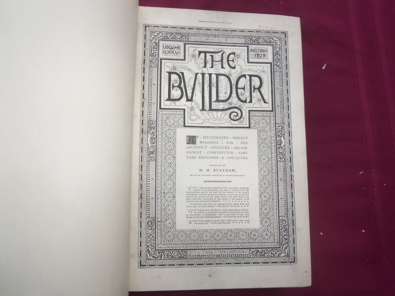1898 JAN-DEC THE BUILDER U. K. MAGAZINE BOUND VOLUMES - 2 VOLS - FOLD OUTS - C 4