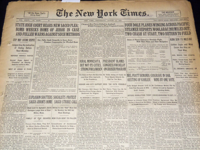 1927 AUGUST 17 NEW YORK TIMES -NEW SACCO PLEA - JUNIORS HOME EXPLOSION - NT 9565