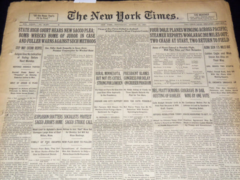 1927 AUGUST 17 NEW YORK TIMES -NEW SACCO PLEA - JUNIORS HOME EXPLOSION - NT 9565