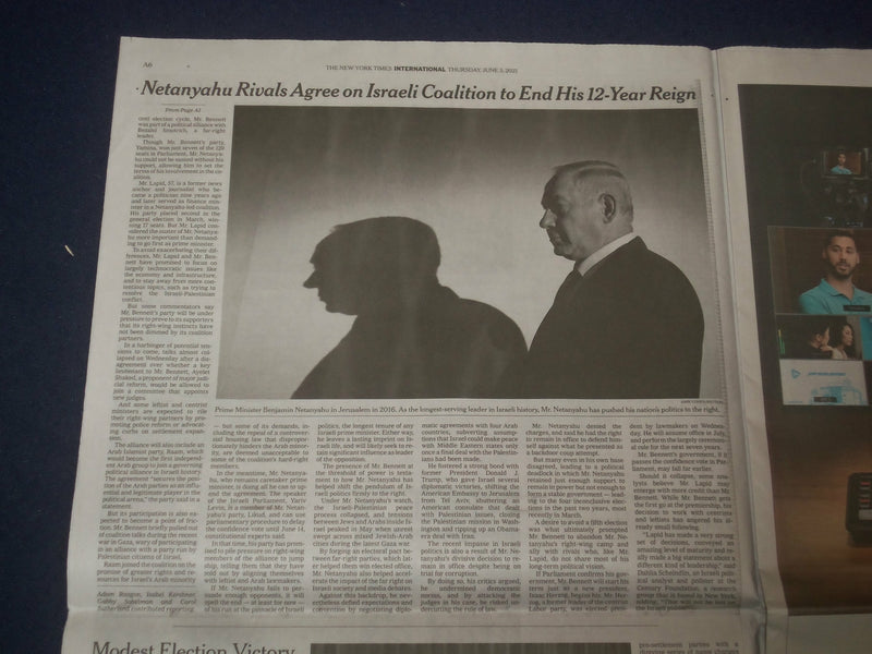 2021 JUNE 3 NEW YORK TIMES - NETANYAHU RIVALS ARE ON THE VERGE OF REPLACING HIM