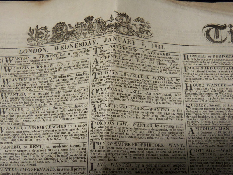 1833 JANUARY 9 THE LONDON TIMES NEWSPAPER - SWANSEA EARTHQUAKE - K 50