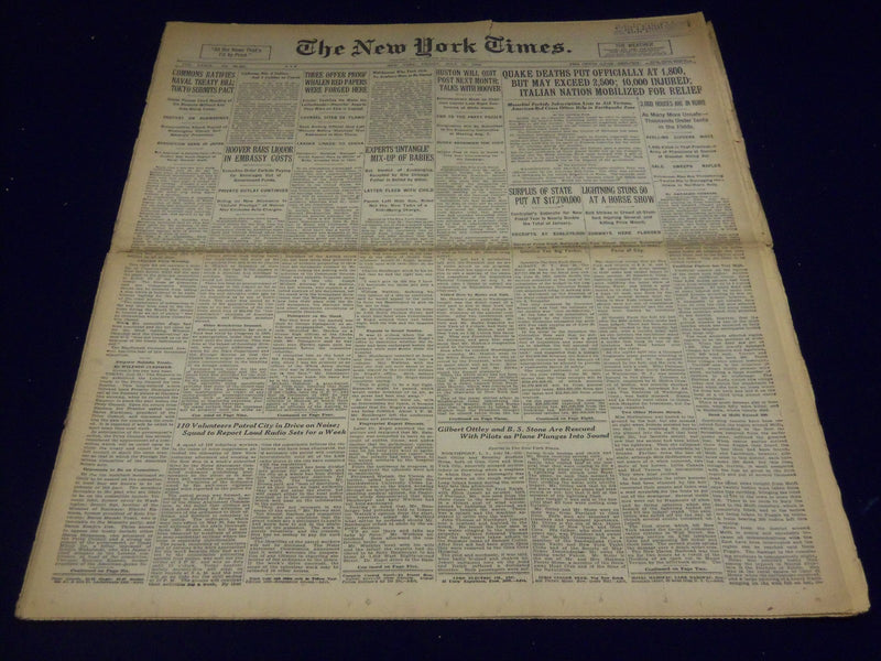 1930 JULY 25 NEW YORK TIMES - QUAKE DEATHS PUT OFFICIALLY AT 1,800 - NT 1560