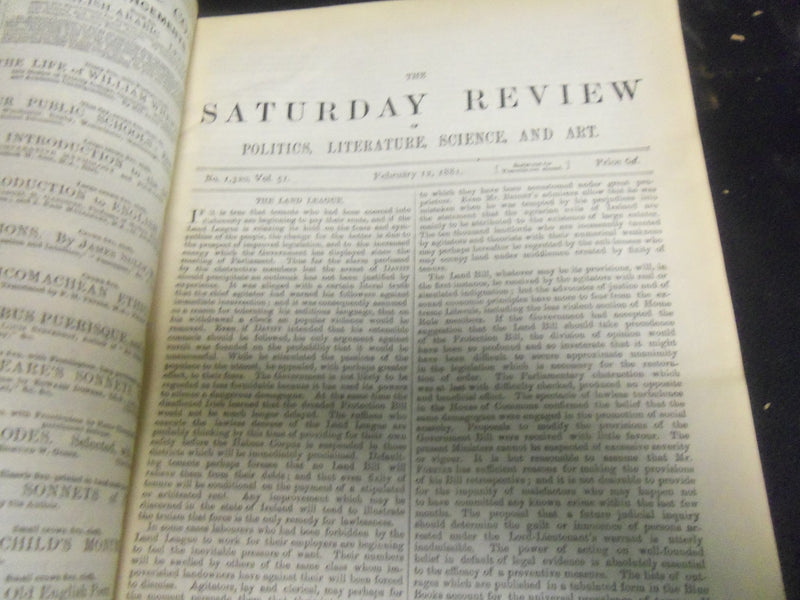 1881 SATURDAY REVIEW 2 BOUND VOLUMES - COMPLETE YR- PUBLISHED IN LONDON - R 1102