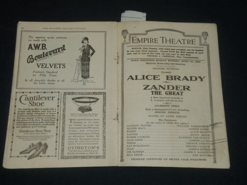 1923 ZANDER THE GREAT - THE EMPIRE THEATRE PROGRAM - ALICE BRADY - J 5682