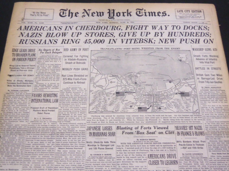 1944 JUNE 26 NEW YORK TIMES - RUSSIANS RING 45,000 IN VITEBSK - NT 4329