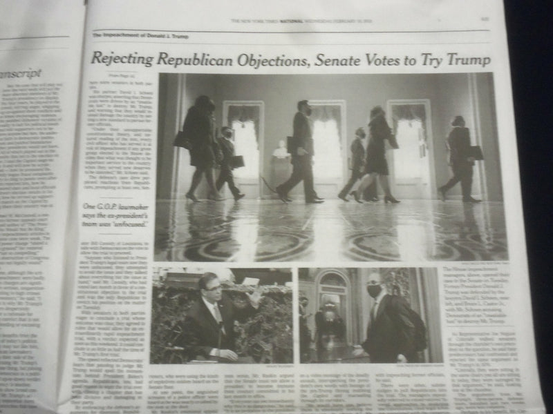 2021 FEBRUARY 10 NEW YORK TIMES - SENATE VOTES TO TRY TRUMP OVER CAPITOL RIOT