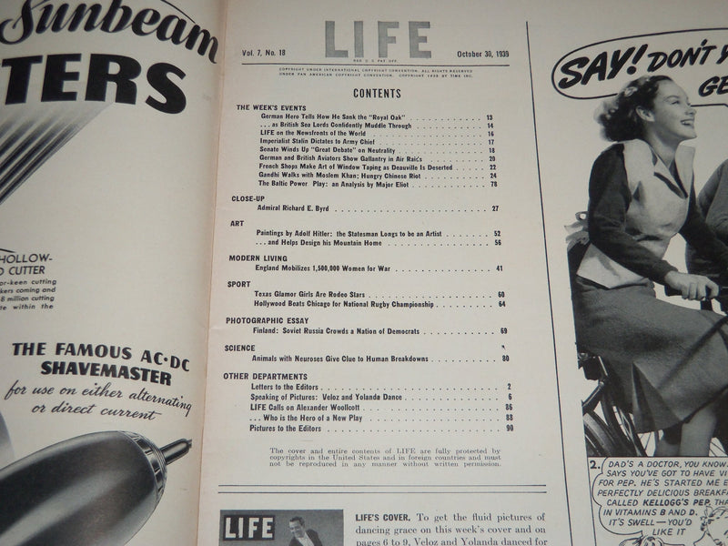 1939 OCTOBER 30 LIFE MAGAZINE - VELOZ AND YOLANDA COVER - L 154