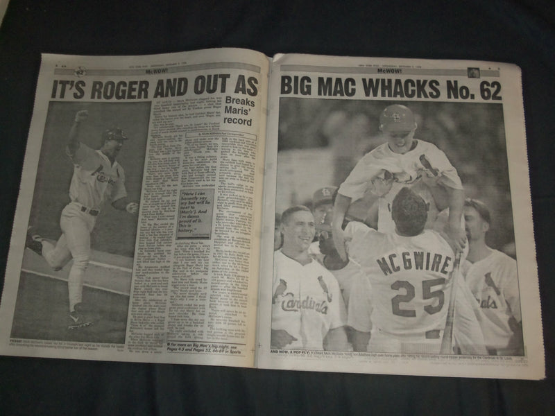 1998 SEPTEMBER 9 NEW YORK POST NEWSPAPER - MARK MCGWIRE HITS HR 62 - NP 4128