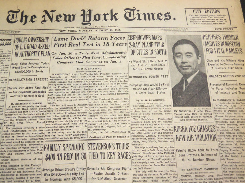 1952 AUGUST 18 NEW YORK TIMES - EISENHOWER MAPS 2 DAY PLANE TOUR - NT 4537