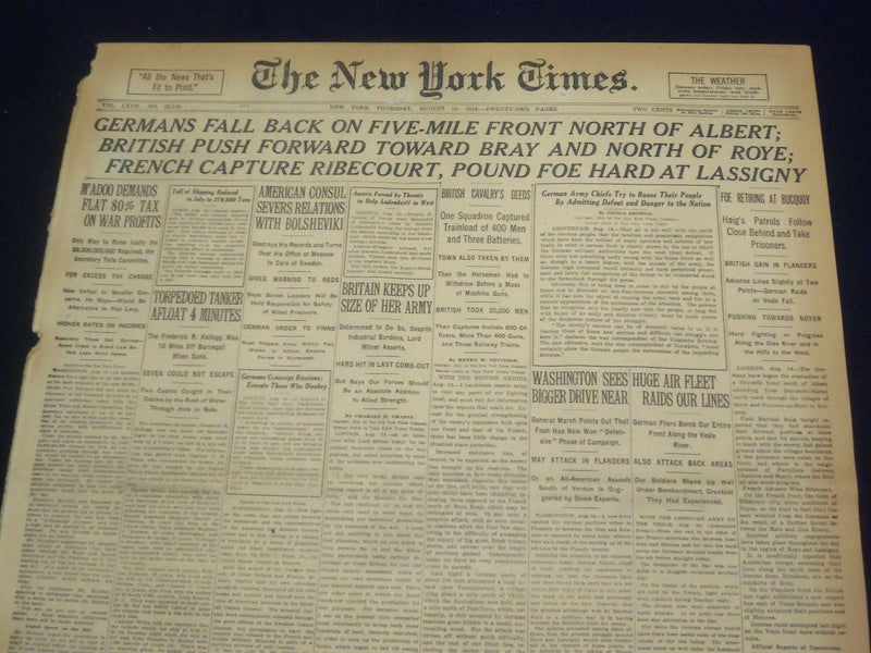 1918 AUGUST 15 NEW YORK TIMES - GERMANS FALL BACK NORTH OF ALBERT - NT 9194