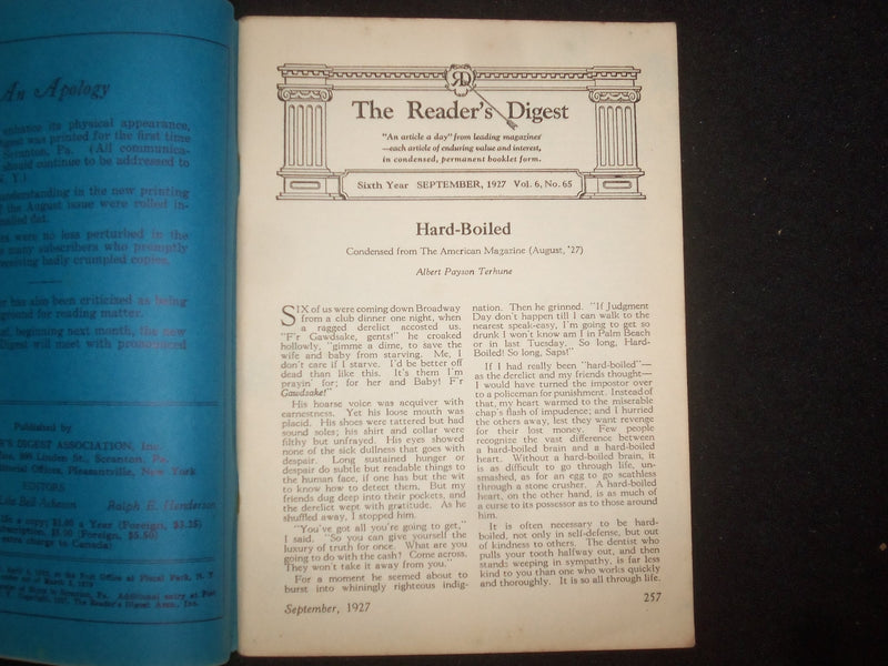 1927 SEPTEMBER THE READER'S DIGEST SOFTCOVER BOOK - NUMBER 65 - J 9912