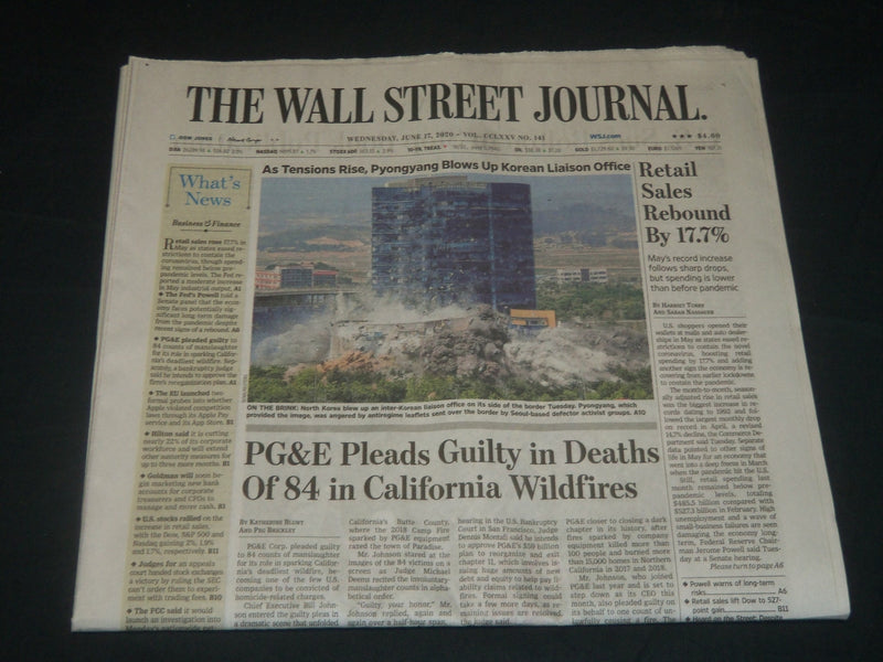 2020 JUNE 17 THE WALL STREET JOURNAL NEWSPAPER - RETAIL SALES REBOUND 17.7%