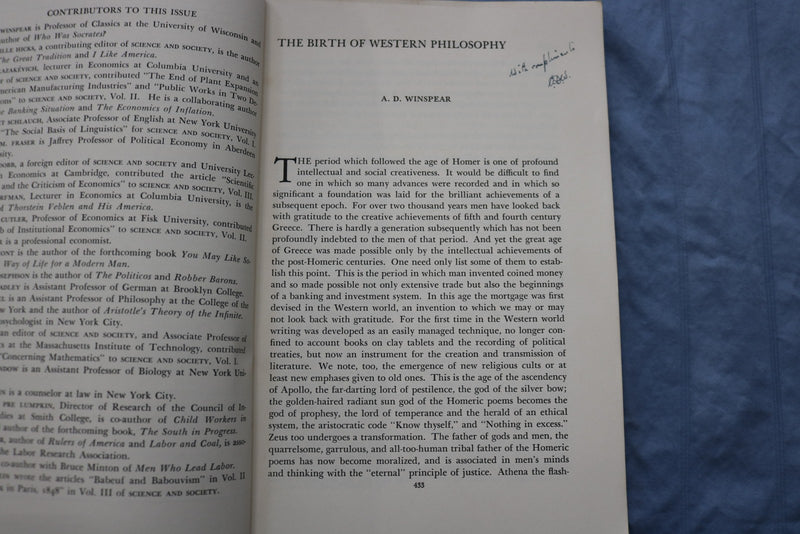 1939 FALL SCIENCE & SOCIETY - A MARXIAN QUARTERLY - SOFTCOVER - K 3200