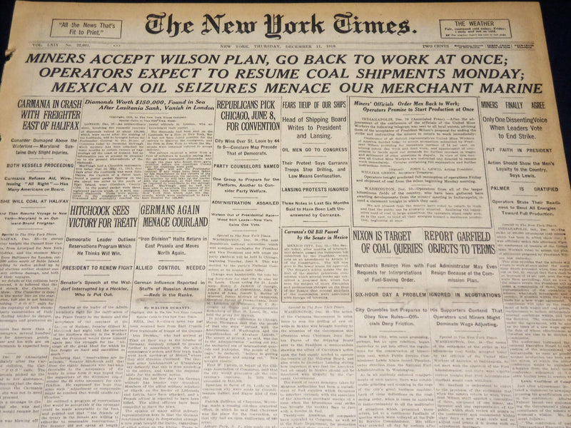 1919 DEC 11 NEW YORK TIMES MINERS ACCEPT WILSON PLAN, GO BACK TO WORK - NT 7952