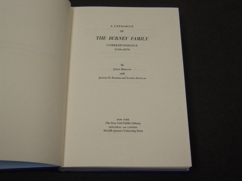 1971 CATALOGUE OF THE BURNEY FAMILY CORRESPONDENCE BY HEMLOW- KD 2548