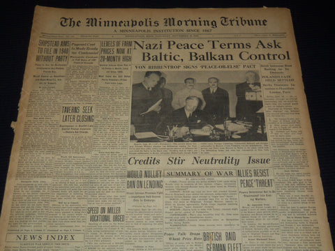1939 SEPT 30 MINNEAPOLIS MORNING TRIBUNE - NAZIS PEACE TERMS ASK BALTIC- NT 9546