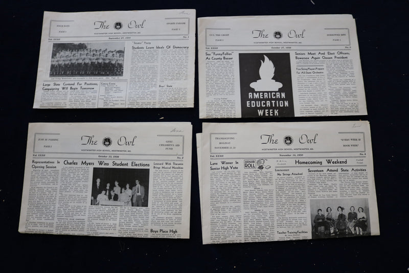1949-1954 THE OWL NEWSPAPER - WESTMINSTER (MD) HIGH SCHOOL - LOT OF 48 - NP 8905