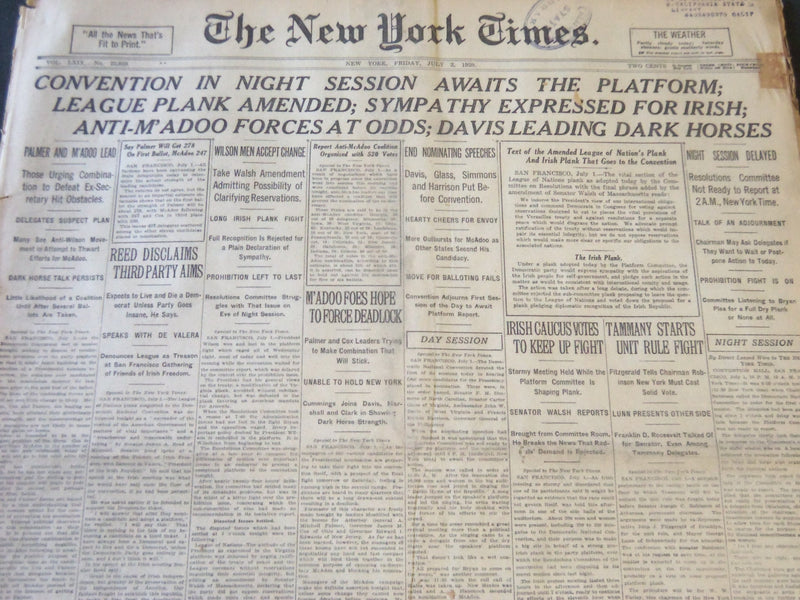 1920 JULY 2 NEW YORK TIMES - CONVENTION NIGHT SESSION AWAITS PLATFORM - NT 6501