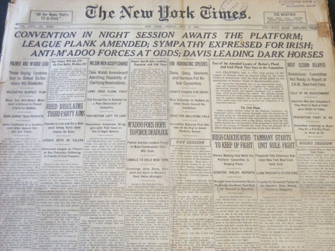 1920 JULY 2 NEW YORK TIMES - CONVENTION NIGHT SESSION AWAITS PLATFORM - NT 6501