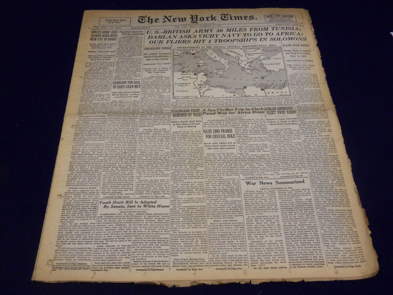 1942 NOV 13 NEW YORK TIMES - U. S. BRITISH 50 MILES FROM TUNISIA - NT 1172