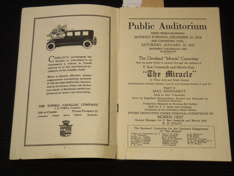 1924 THE MIRACLE STAGE PROGRAM - MAX REINHARDT - CLEVELAND - J 8010